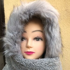 Faux fur beanie, scarf and mittens